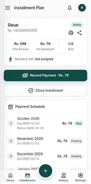 Installment plan with payment schedule and record-payment button