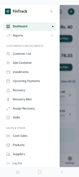 Menu for customers, installments, recovery, sales and stock