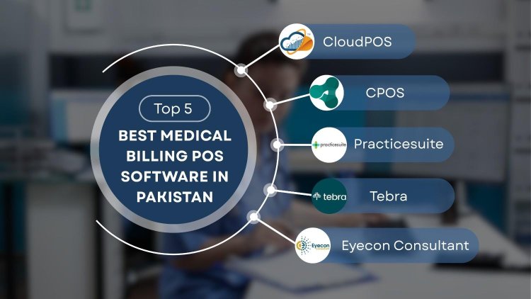 Image showing top 5 medical billing software: Cloud POS, CPOS, PracticeSuite, Tebra, Eyecon Consultant